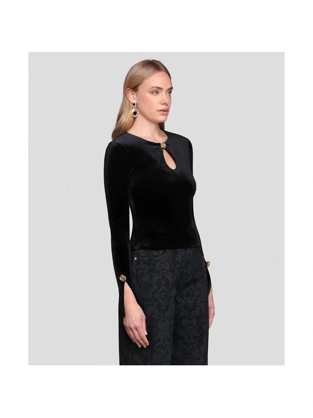 NWT AVEC LES FILLES Women's Long Sleeve Rose Button Velvet Top Sz XS - Picture 4 of 4